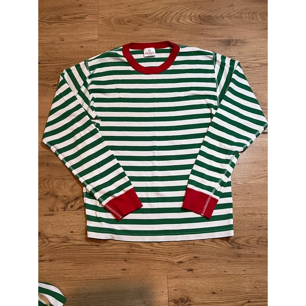 Hanna Andersson Pajama Set Women L Green White Stripe Holiday Organic Cotton PJs